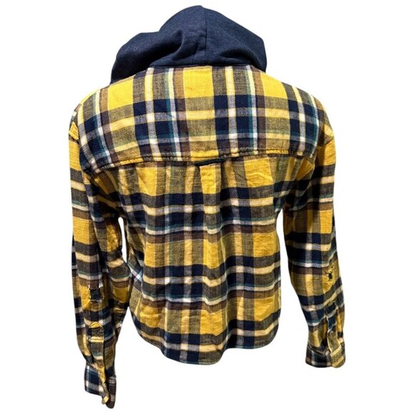 American Eagle AE Cropped Flannel Hooded Shirt Top XS Mustard Yellow Blue Brown - Picture 9 of 11